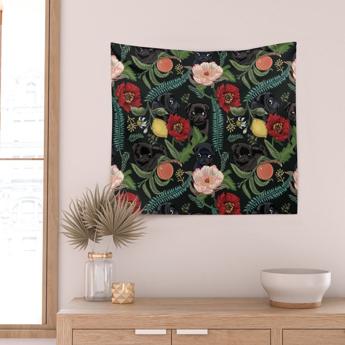 Botanical and Black Pugs Wall Tapestry Gallery Image 2