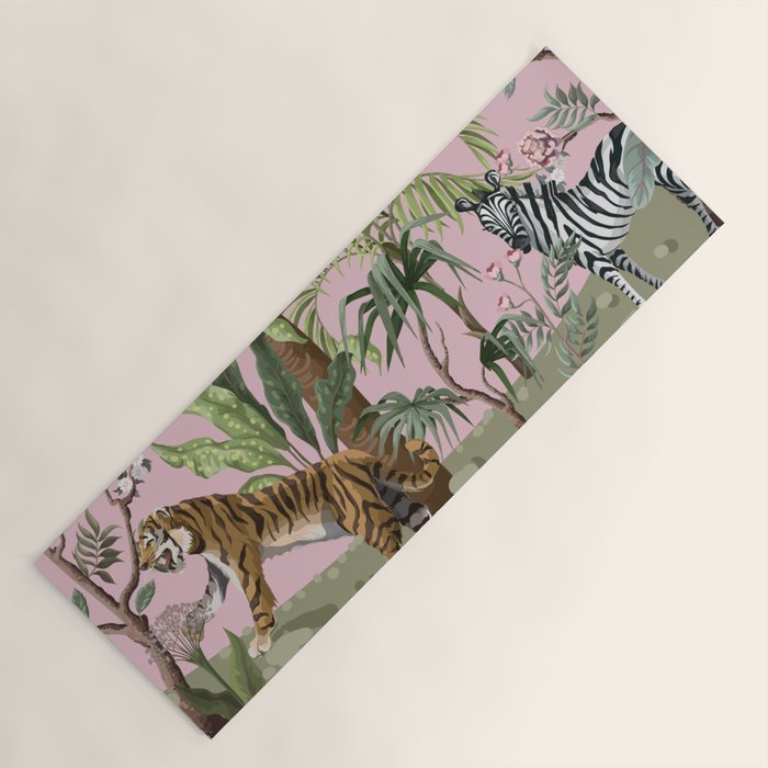 Chinoiserie Exotic Jungle Tiger Zebra Palms Pink Fresco Art Yoga Mat Gallery Image 1