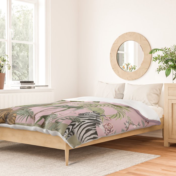 Chinoiserie Exotic Jungle Tiger Zebra Palms Pink Fresco Art Duvet Cover Gallery Image 2
