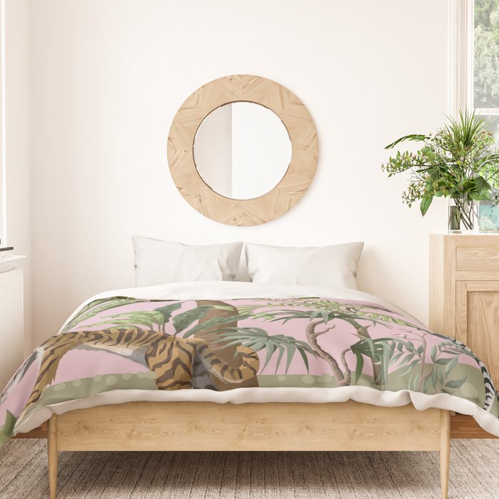 Chinoiserie Exotic Jungle Tiger Zebra Palms Pink Fresco Art Duvet Cover Gallery Image 3