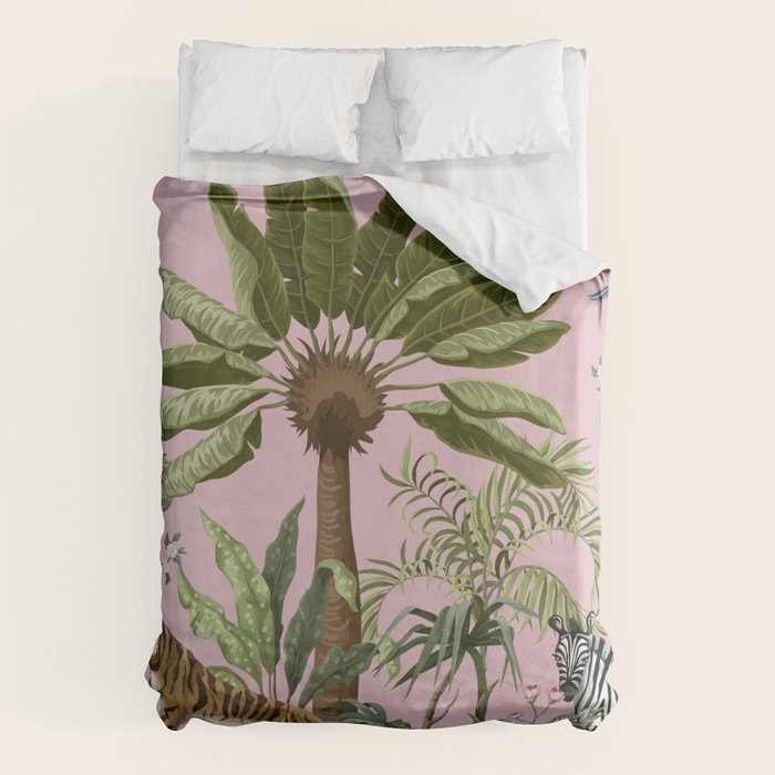 Chinoiserie Exotic Jungle Tiger Zebra Palms Pink Fresco Art Duvet Cover Gallery Image 1