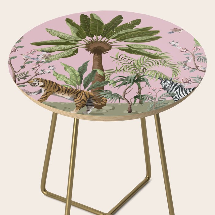 Chinoiserie Exotic Jungle Tiger Zebra Palms Pink Fresco Art Side Table Gallery Image 2