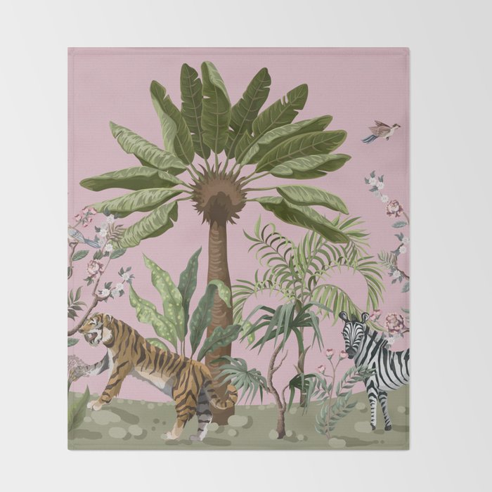 Chinoiserie Exotic Jungle Tiger Zebra Palms Pink Fresco Art Throw Blanket Gallery Image 2