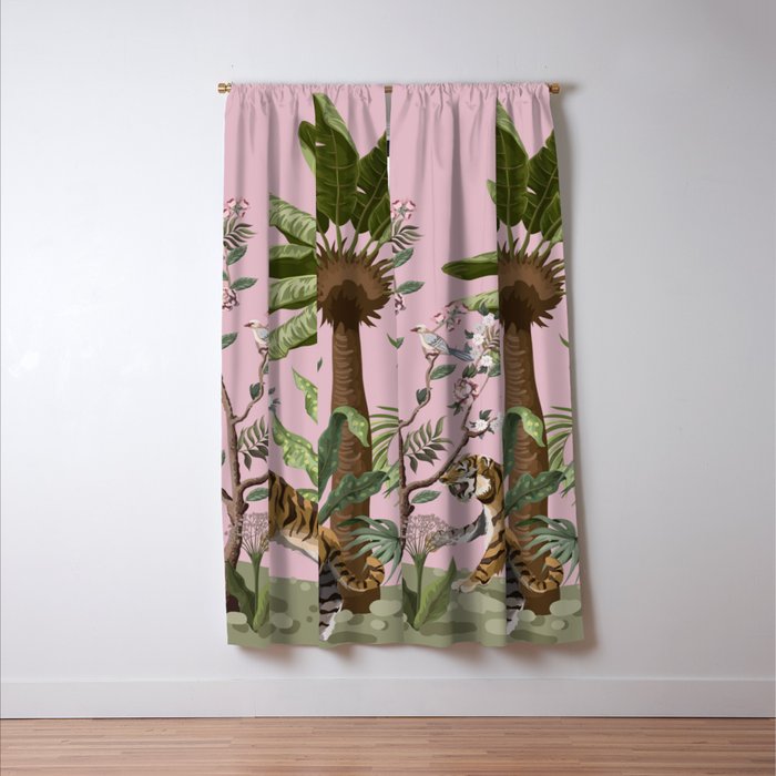 Chinoiserie Exotic Jungle Tiger Zebra Palms Pink Fresco Art Window Curtain Gallery Image 3