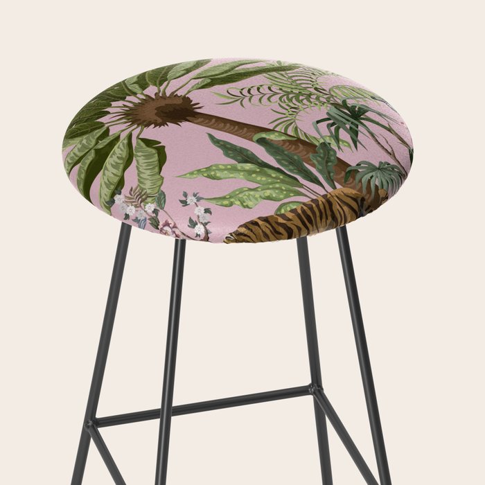 Chinoiserie Exotic Jungle Tiger Zebra Palms Pink Fresco Art Stool Gallery Image 2