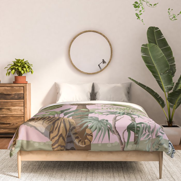 Chinoiserie Exotic Jungle Tiger Zebra Palms Pink Fresco Art Comforter Gallery Image 3