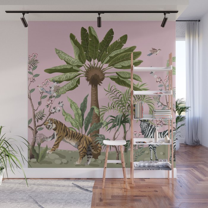 Chinoiserie Exotic Jungle Tiger Zebra Palms Pink Fresco Art Wall Mural Gallery Image 1