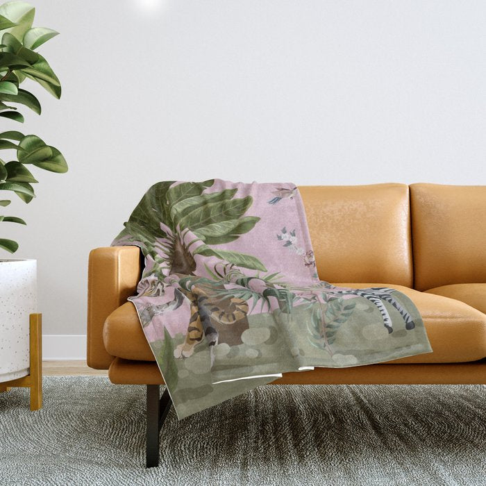 Chinoiserie Exotic Jungle Tiger Zebra Palms Pink Fresco Art Throw Blanket Gallery Image 1
