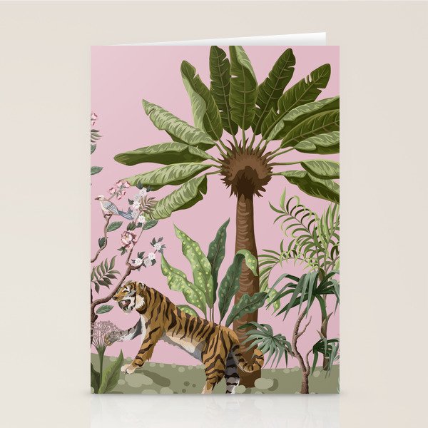 Chinoiserie Exotic Jungle Tiger Zebra Palms Pink Fresco Art Stationery Card Gallery Image 1