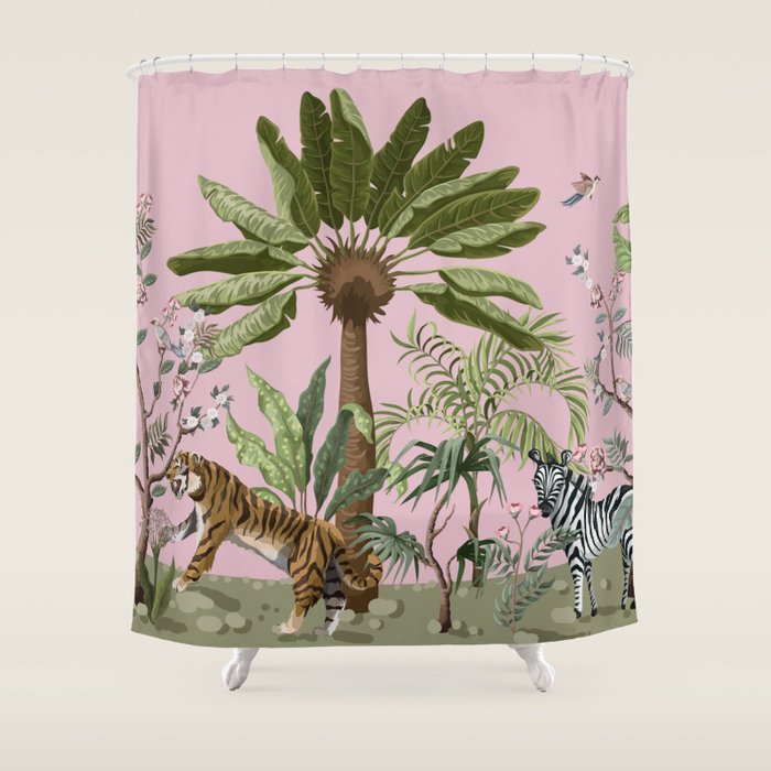 Chinoiserie Exotic Jungle Tiger Zebra Palms Pink Fresco Art Shower Curtain Gallery Image 1