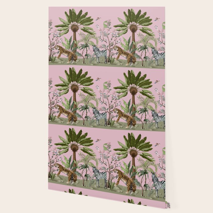 Chinoiserie Exotic Jungle Tiger Zebra Palms Pink Fresco Art Wallpaper Gallery Image 2