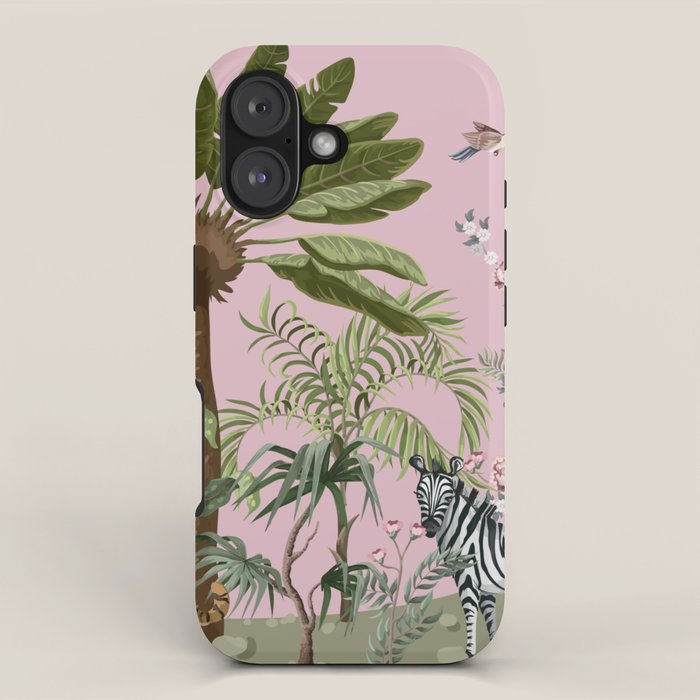 Chinoiserie Exotic Jungle Tiger Zebra Palms Pink Fresco Art iPhone Case Gallery Image 1