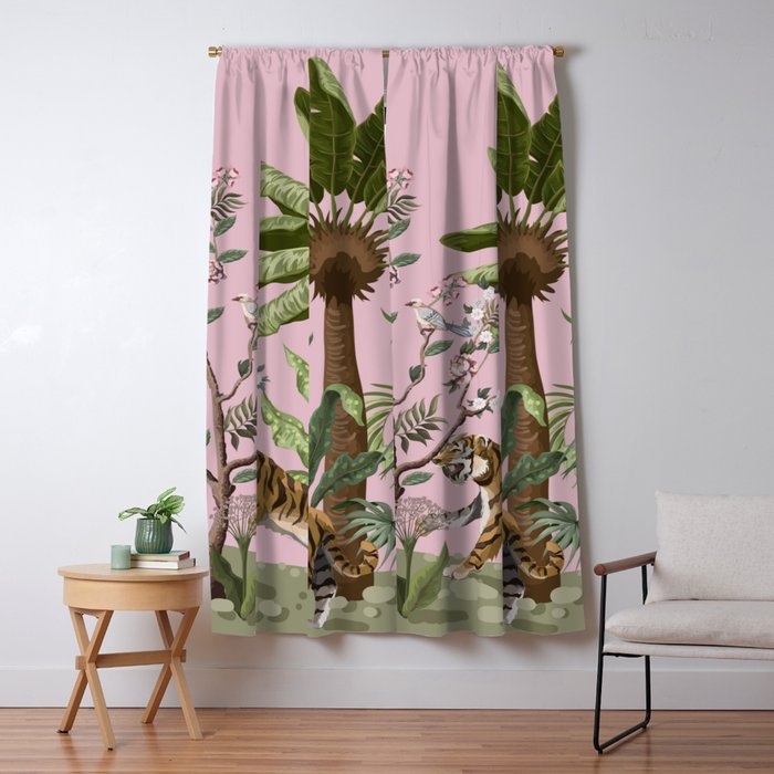 Chinoiserie Exotic Jungle Tiger Zebra Palms Pink Fresco Art Window Curtain Gallery Image 5