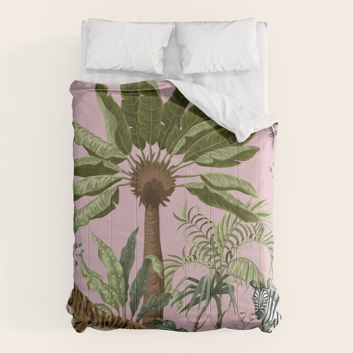 Chinoiserie Exotic Jungle Tiger Zebra Palms Pink Fresco Art Comforter Gallery Image 6