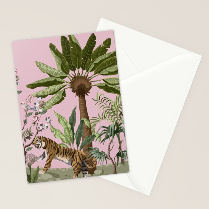 Chinoiserie Exotic Jungle Tiger Zebra Palms Pink Fresco Art Stationery Card Gallery Image 2