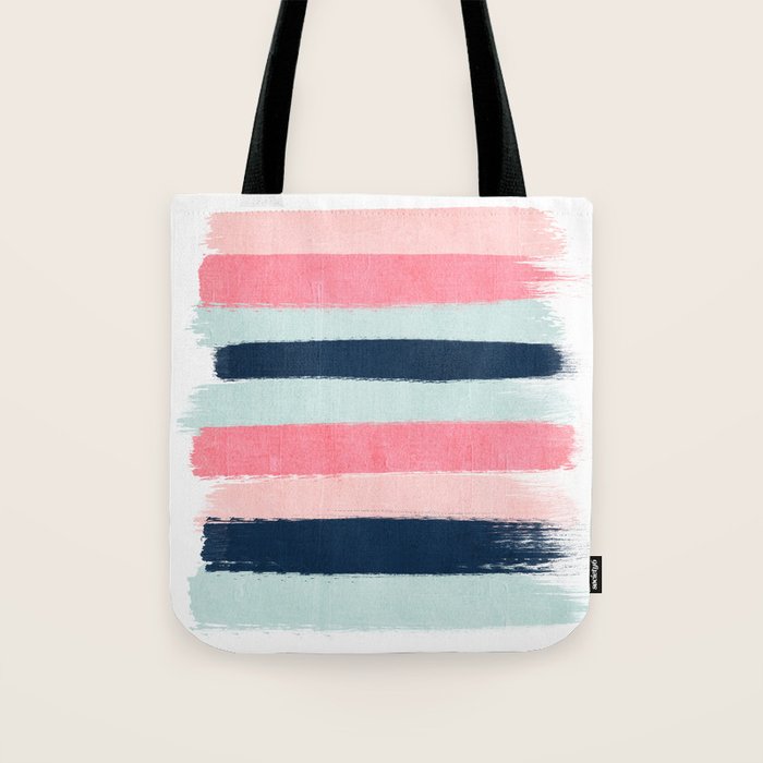 Striped painted coral mint navy pink pattern stripes minimalist Tote Bag Gallery Image 1