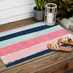 Striped painted coral mint navy pink pattern stripes minimalist Outdoor Rug Gallery Image 2