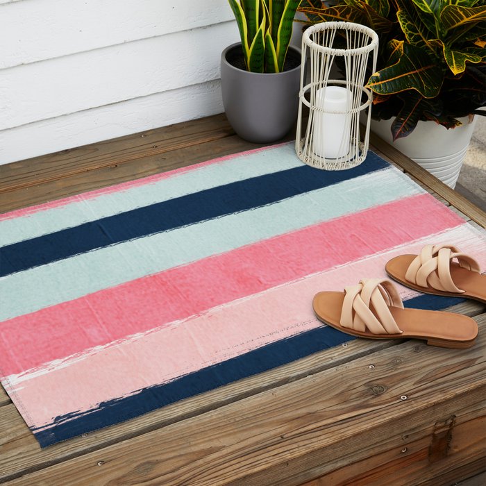 Striped painted coral mint navy pink pattern stripes minimalist Outdoor Rug Gallery Image 2