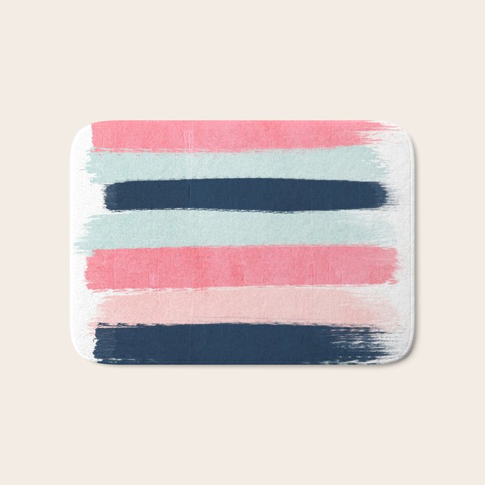 Striped painted coral mint navy pink pattern stripes minimalist Bath Mat Gallery Image 1