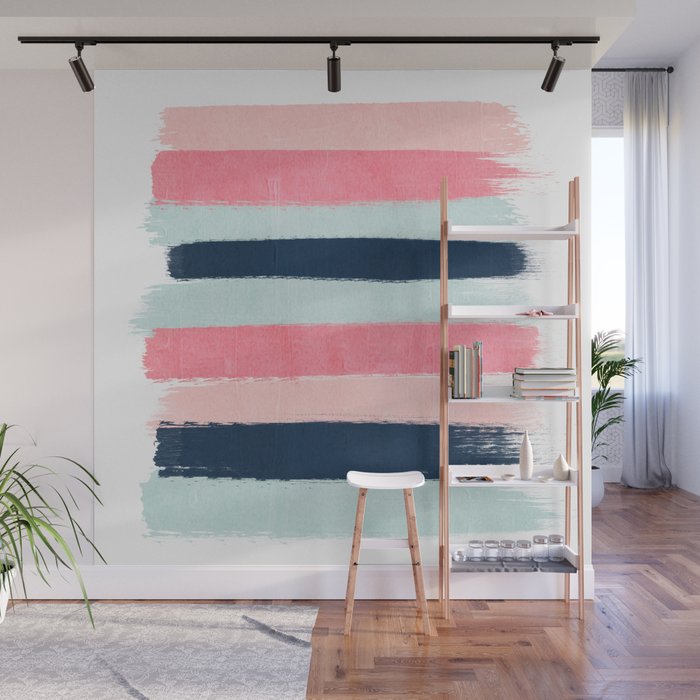 Striped painted coral mint navy pink pattern stripes minimalist Wall Mural Gallery Image 1