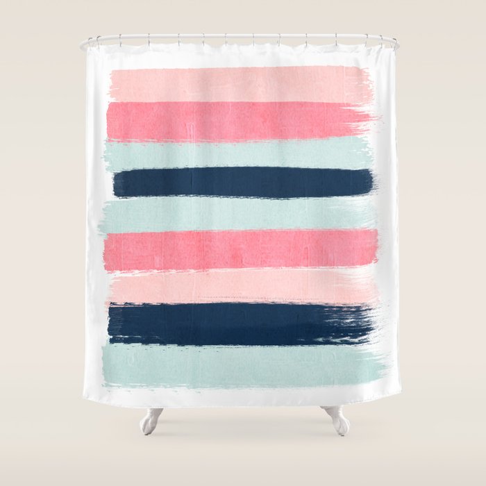 Striped painted coral mint navy pink pattern stripes minimalist Shower Curtain Gallery Image 1