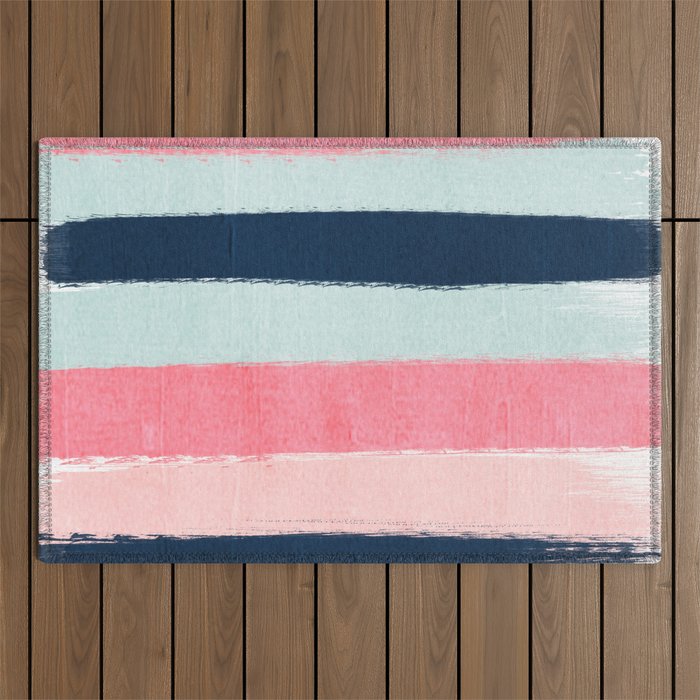 Striped painted coral mint navy pink pattern stripes minimalist Outdoor Rug Gallery Image 1