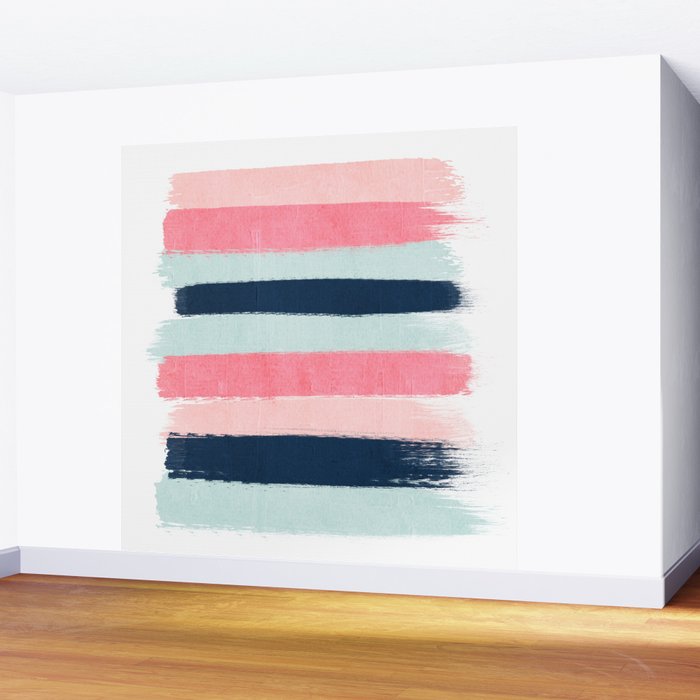 Striped painted coral mint navy pink pattern stripes minimalist Wall Mural Gallery Image 2