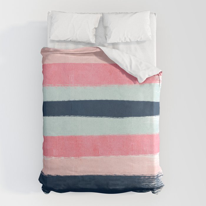 Striped painted coral mint navy pink pattern stripes minimalist Duvet Cover Gallery Image 6