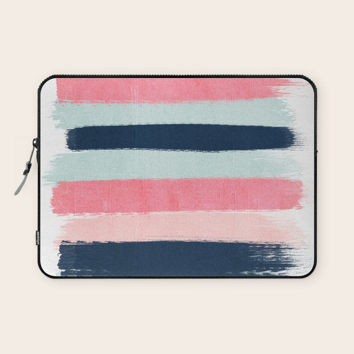 Striped painted coral mint navy pink pattern stripes minimalist Laptop Sleeve Gallery Image 1