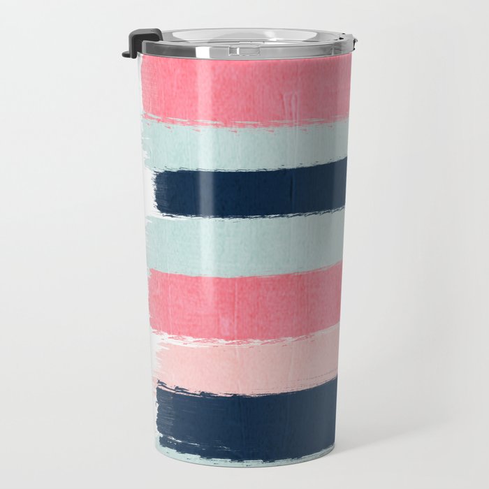 Striped painted coral mint navy pink pattern stripes minimalist Travel Mug Gallery Image 3