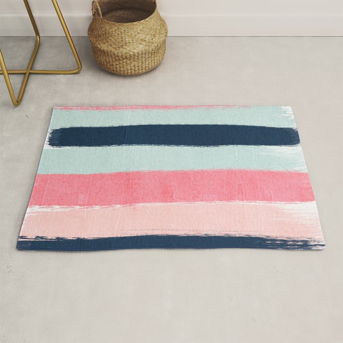 Striped painted coral mint navy pink pattern stripes minimalist Rug Gallery Image 1