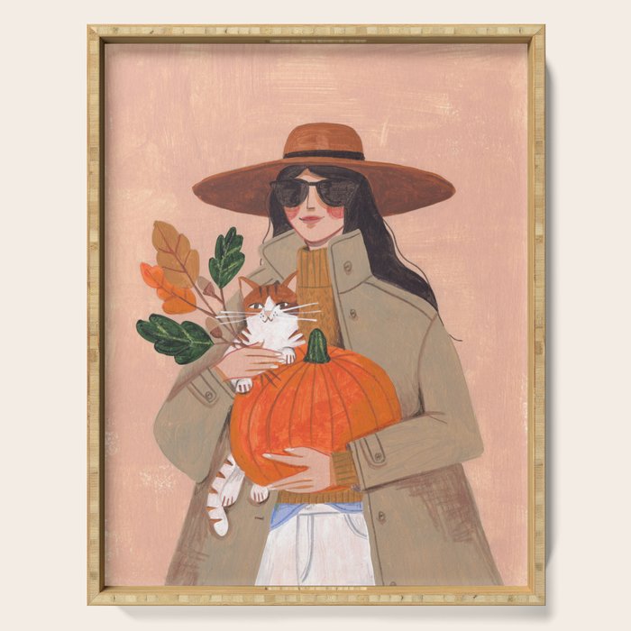Woman in autumn in warm earth tones Serving Tray Gallery Image 1