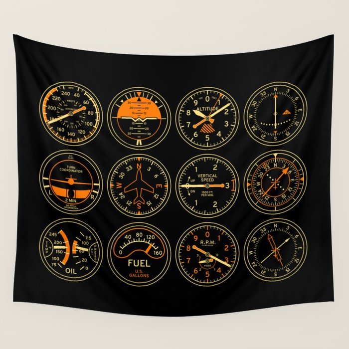 Aircraft Flight Instruments - Full Black Wall Tapestry Gallery Image 4