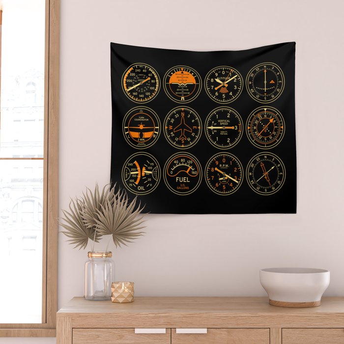 Aircraft Flight Instruments - Full Black Wall Tapestry Gallery Image 2