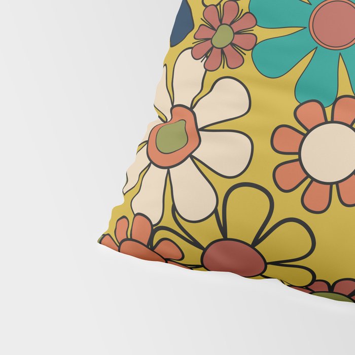 Groovy Floral Retro Garden 60s 70s Flower Pattern in Muted Vintage Mid Century Mod Colors on Mustard Pillow Sham Gallery Image 4