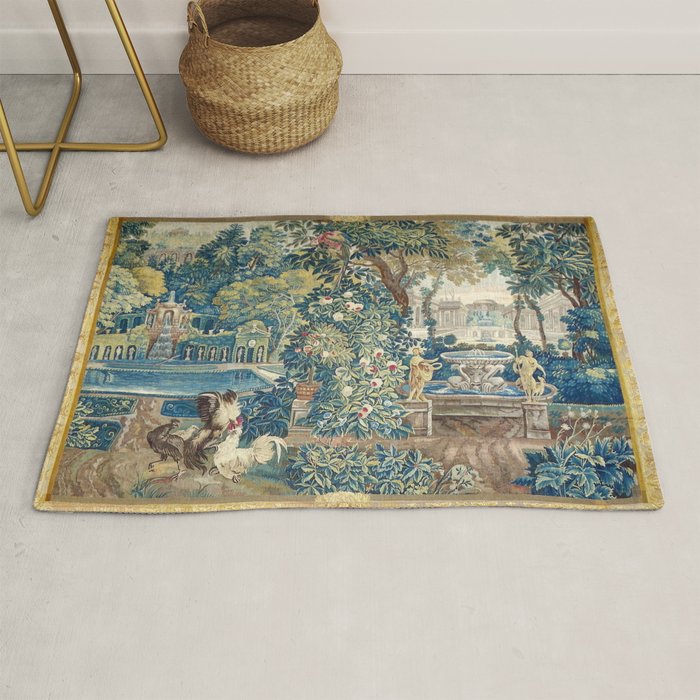 Antique French Verdure Chateau Fountain Tapestry Rug Gallery Image 1