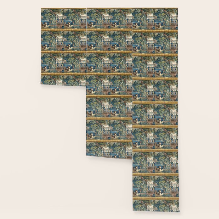 Antique French Verdure Chateau Fountain Tapestry Wallpaper Gallery Image 3