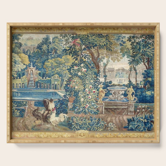 Antique French Verdure Chateau Fountain Tapestry Serving Tray Gallery Image 1