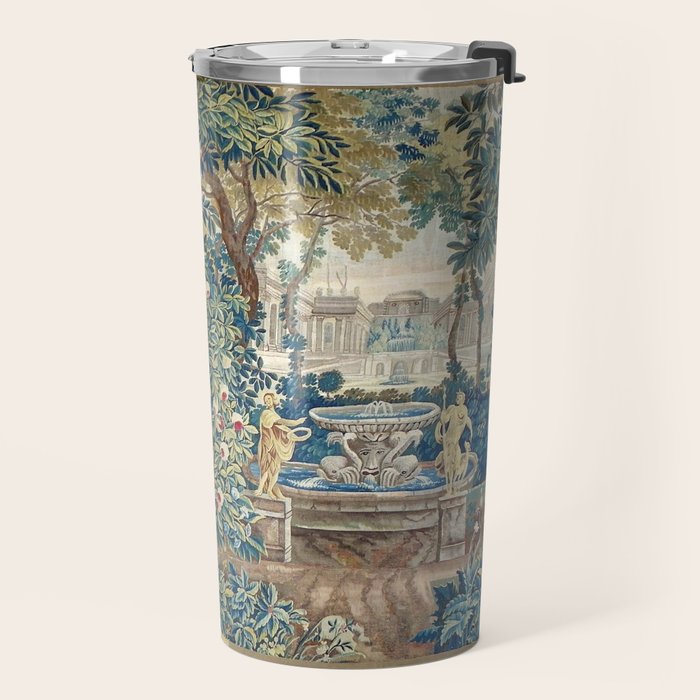 Antique French Verdure Chateau Fountain Tapestry Travel Mug Gallery Image 2