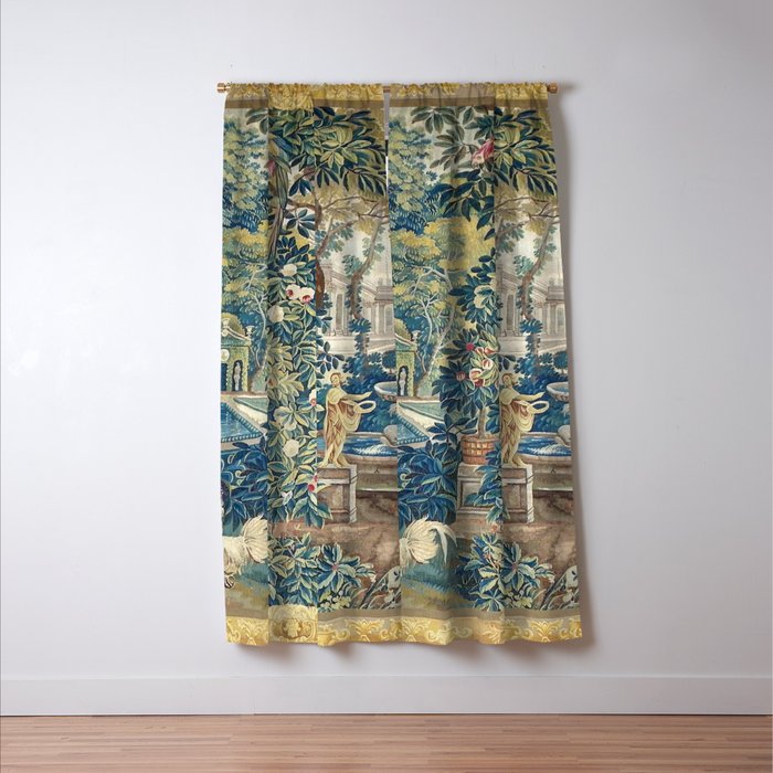 Antique French Verdure Chateau Fountain Tapestry Window Curtain Gallery Image 3