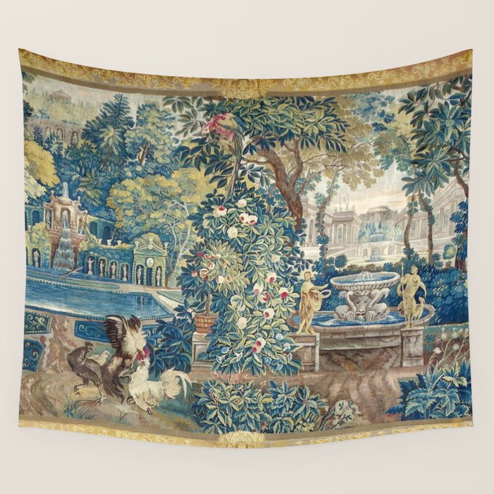 Antique French Verdure Chateau Fountain Tapestry Wall Tapestry Gallery Image 4