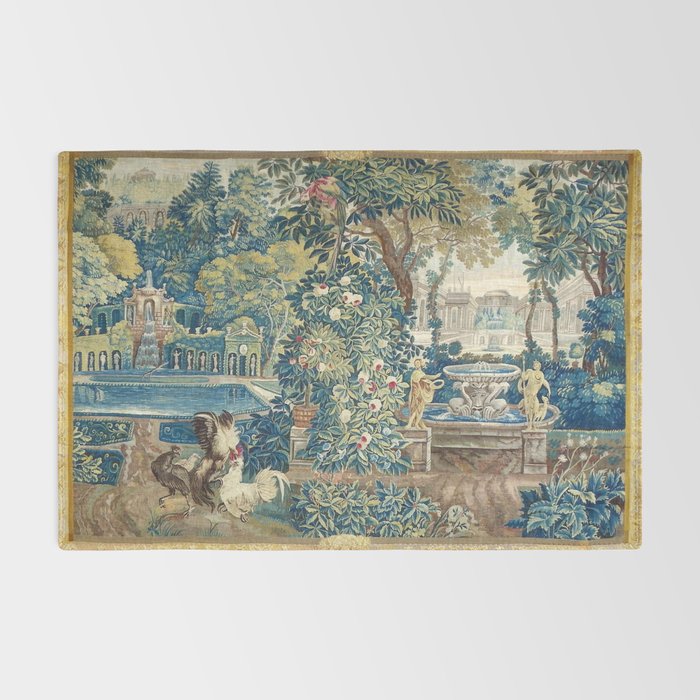 Antique French Verdure Chateau Fountain Tapestry Rug Gallery Image 2