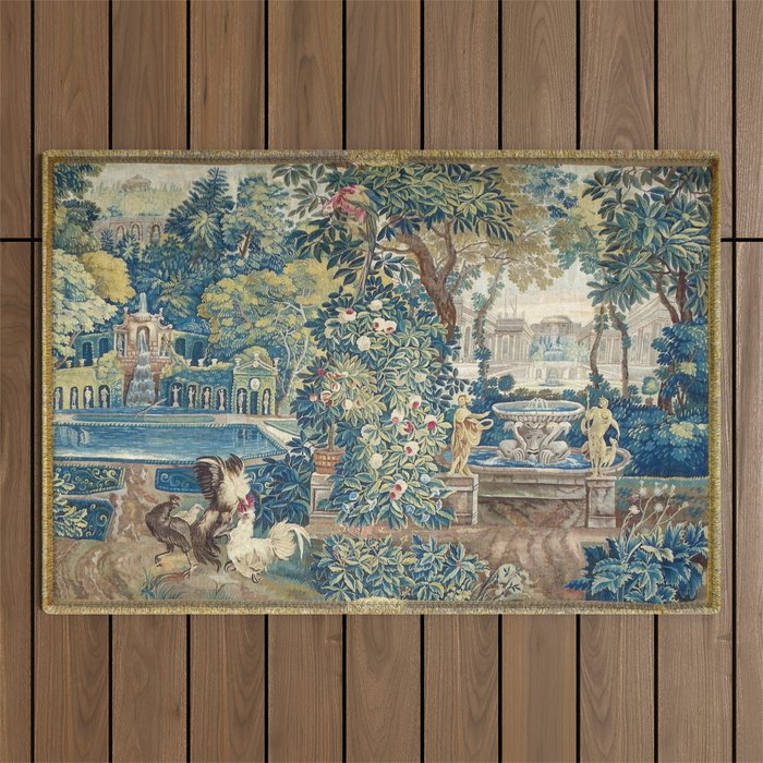 Antique French Verdure Chateau Fountain Tapestry Outdoor Rug Gallery Image 1
