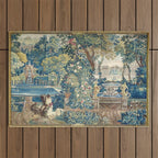 Antique French Verdure Chateau Fountain Tapestry Outdoor Rug Gallery Image 1