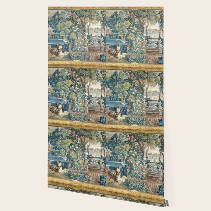 Antique French Verdure Chateau Fountain Tapestry Wallpaper Gallery Image 2