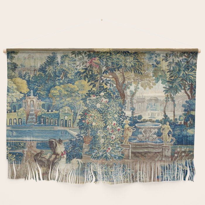 Antique French Verdure Chateau Fountain Tapestry Wall Hanging Gallery Image 1