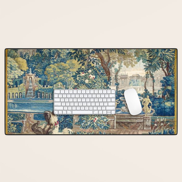Antique French Verdure Chateau Fountain Tapestry Desk Mat Gallery Image 1