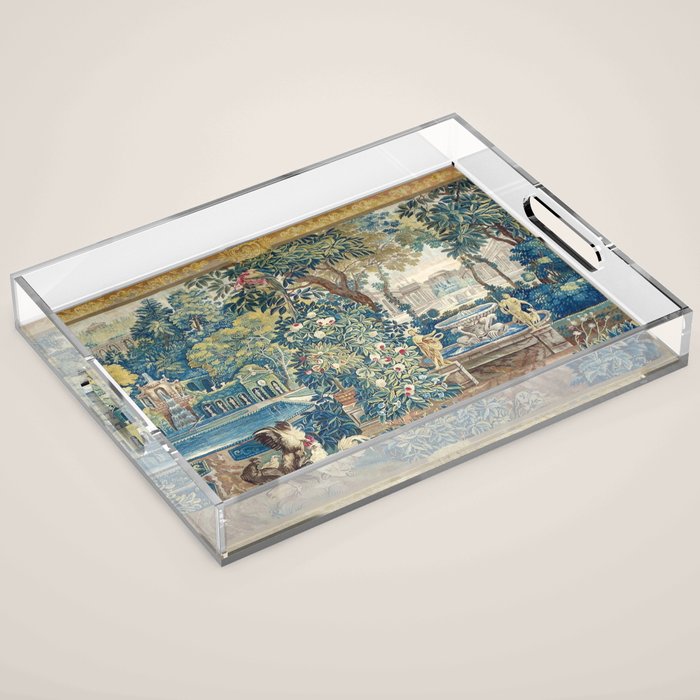 Antique French Verdure Chateau Fountain Tapestry Acrylic Tray Gallery Image 1