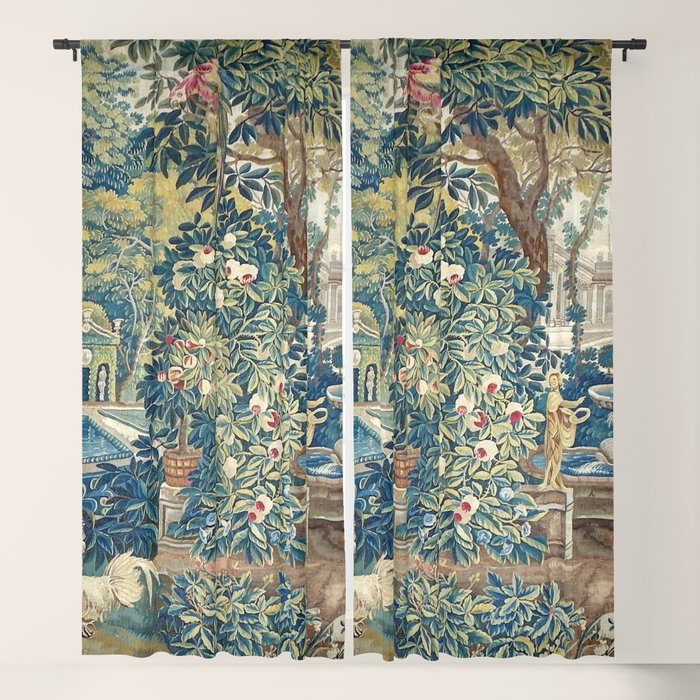 Antique French Verdure Chateau Fountain Tapestry Window Curtain Gallery Image 1