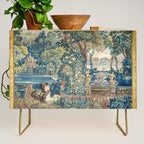 Antique French Verdure Chateau Fountain Tapestry Credenza Gallery Image 1